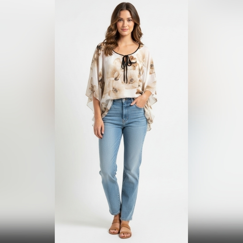 New York & Company Women's White and Tan Floral Sheer Blouse Size Medium